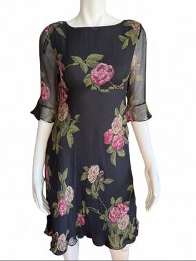 Talbots Petite 100% Silk Floral Dress Dark Romantic Sheer Mini Dress